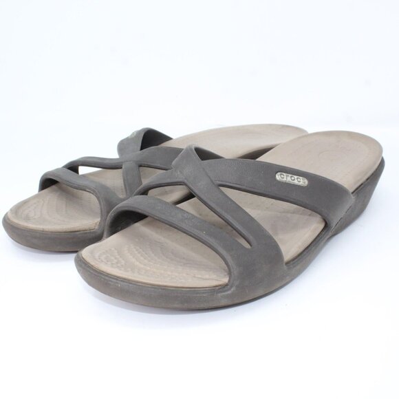 Crocs Women's 9M Dark Brown Beige Slip On Criss Cross Strap Wedge Rhonda Sandals - Picture 5 of 8